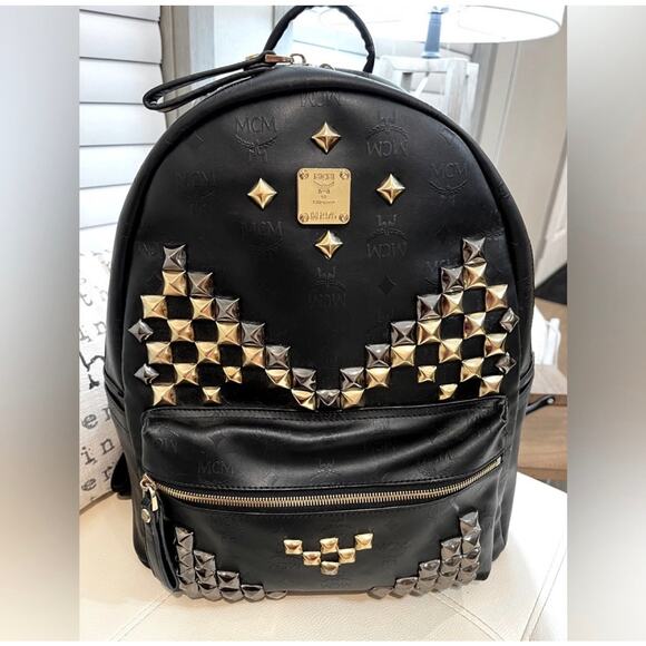 MCM Black Stark with Gold and Silver Pyramid Studs Backpack - Picture 1 of 12